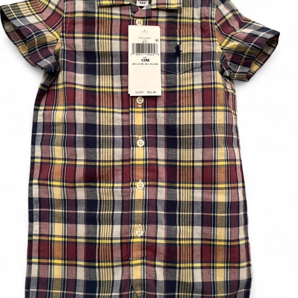 Ralph Lauren Plaid Infant Boys Romper with Snap Bottom Size 12 months NWT preppy